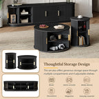 Wooden TV Stand & Coffee Table Set with Fluted Sliding Doors for TVs up to 75", Golden Handles Media Console with Cable Hole, Farmhouse Round Center Table for Living Room, Black