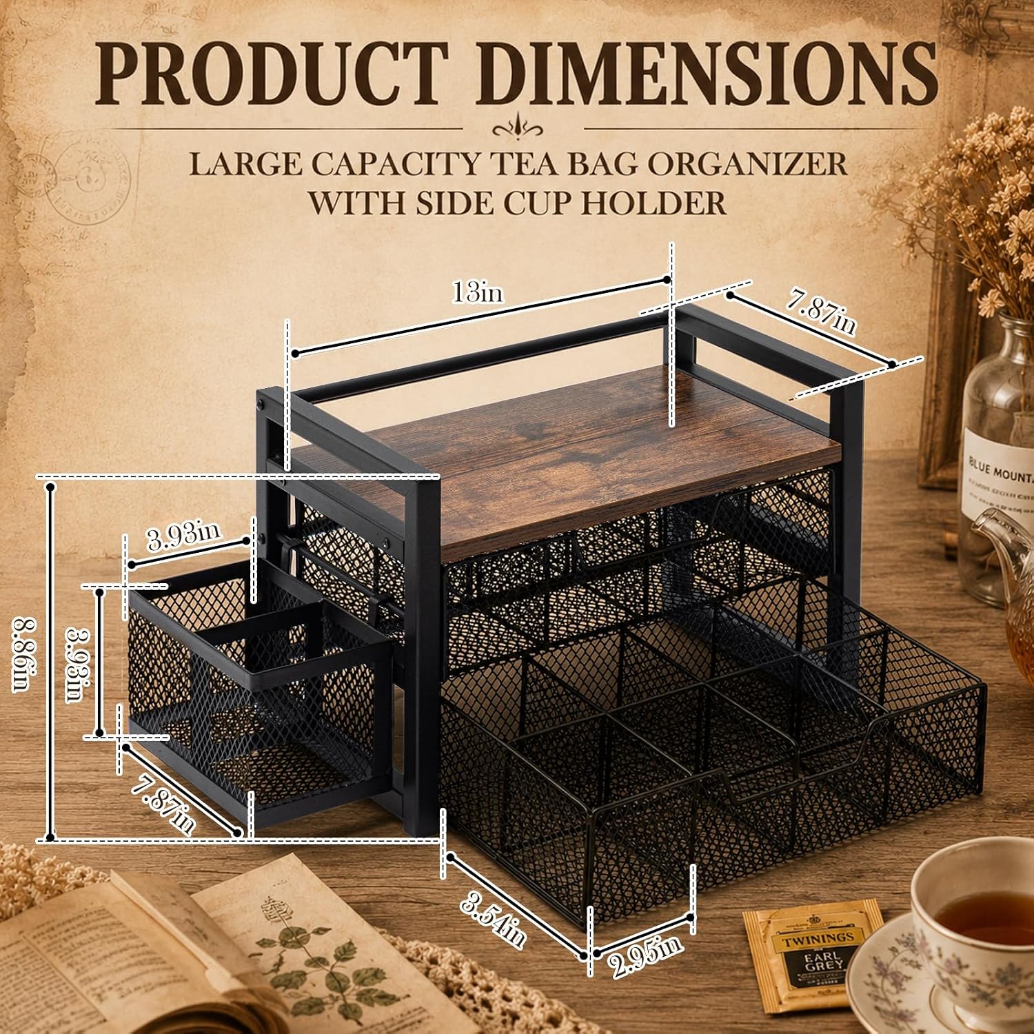 2 Tier Large Tea Bag Organizer with 16 Compartments, Side Cup Holder, Wood and Metal Coffee Bar Storage Station with Pull out Drawers and Top Tray for Countertop Kitchen Office, Rustic Brown