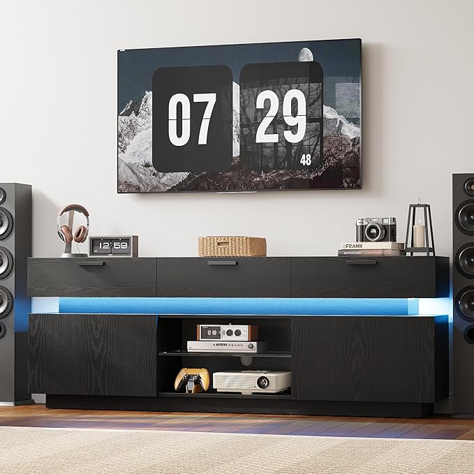 LIKIMIO Black TV Stand for TVs 85 inch, Entertainment Center with Power Outle...
