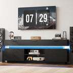 LIKIMIO Black TV Stand for TVs 85 inch, Entertainment Center with Power Outlets & LED Lights, TV Media Console Table with Cabinets, Drawers and Open Storage Shelves, Modern TV Stand for Living Room