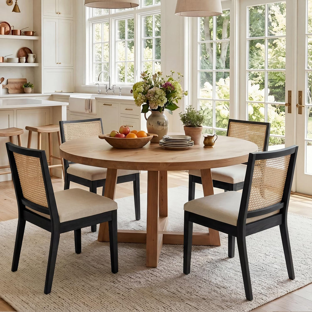HNY Farmhouse Rattan Dining Chairs Set of 4, Black Solid Hardwood Frame, Upho...