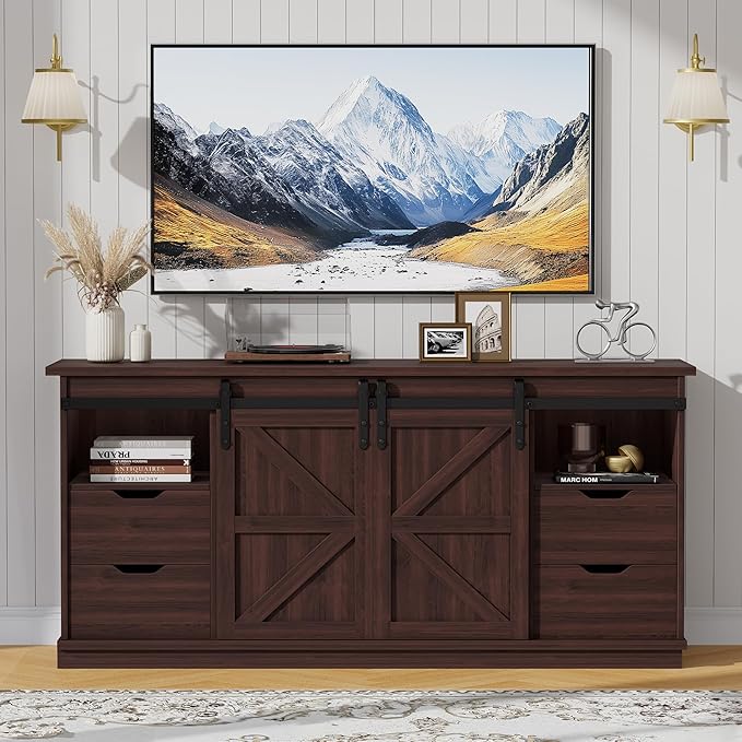 JUMMICO TV Stand with 4 Drawers for 65 Inch TV, Farmhouse Entertainment Center with Storage and Sliding Barn Doors, Rustic Media TV Console Cabinet with Shelves for Living Room Bedroom (Rustic Oak)