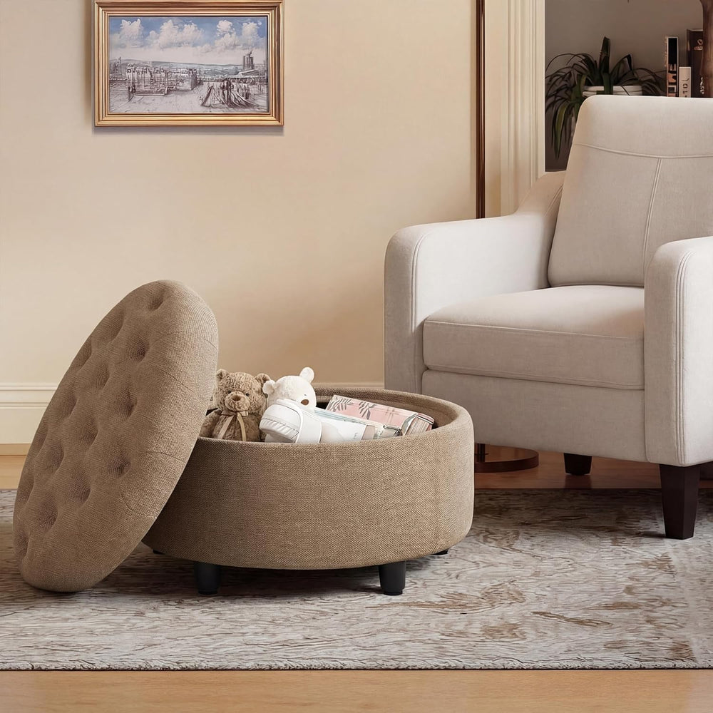 COLAMY Fabric Round Storage Ottoman with Reversible Tray Lid – Multi-Function...