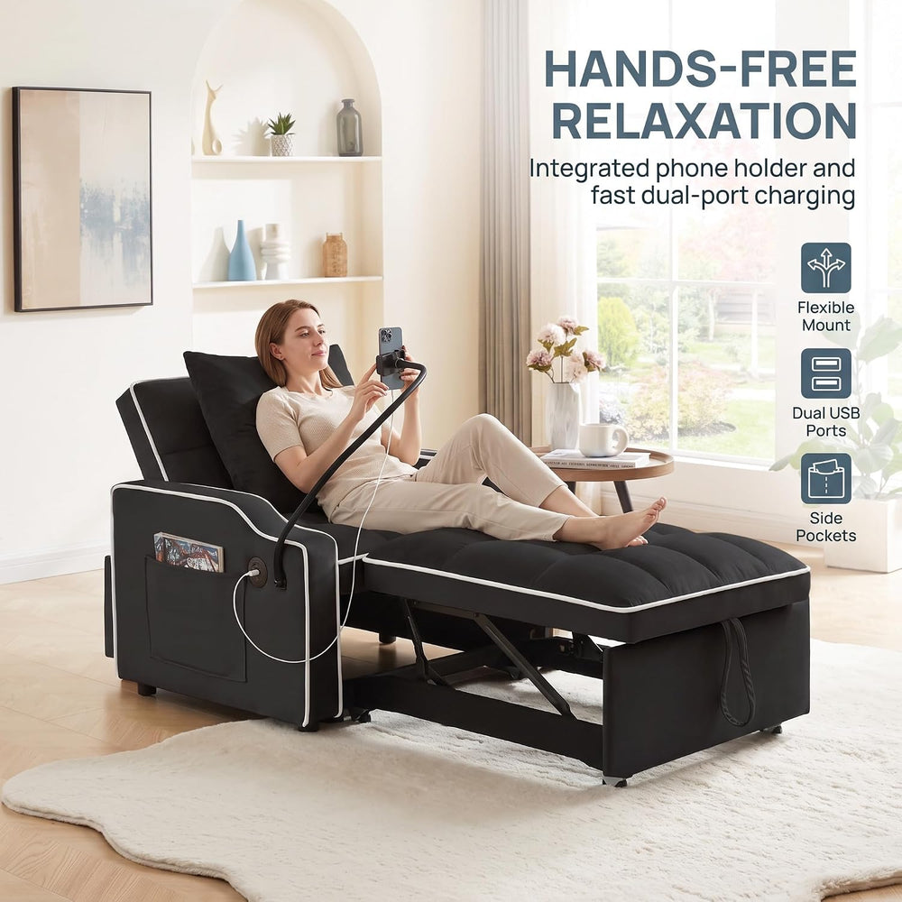 Single Sleeper Chair with USB Port, 3 In1 Pull Out Sofa Bed, Black