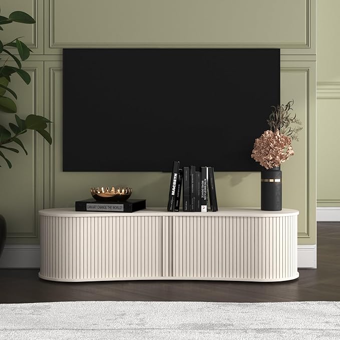 Fluted TV Stand with Storage Cabinet, 59″ Media Console with Sliding Tambour Door, Mid Century Modern Entertainment Center for Living Room, Oval Light Wood TV Stand for Bedroom, Off White