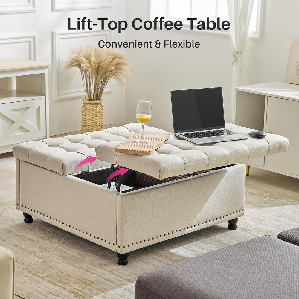 Redlife 35 Inch Large Square Storage Ottoman, Coffee Table Ottoman, Linen | L...