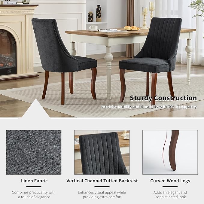 Black Mid Century Dining Chairs Set of 6, Modern Kitchen & Dining Room Chairs Set of 6, Linen Upholstered Kitchen Chairs, Sillas de Comedor, Wood Legs (Black, 6 Pcs)