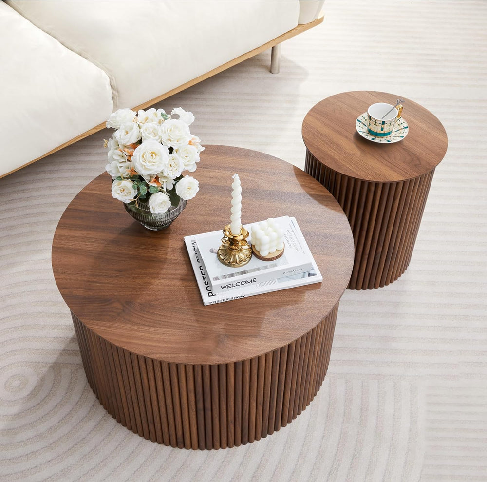 Fluted Round Nesting Coffee Table Set of 2 Circle Center Table Living Room | ...