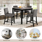KEIKI 5-Piece Counter Height Dining Table Set with Square Table and 4 Upholstered Curved Backrset Chair, for 4 Person, Modern Wooden Table Set, Easy Assembly, for Kitchen, Dining Room, Black+Gray