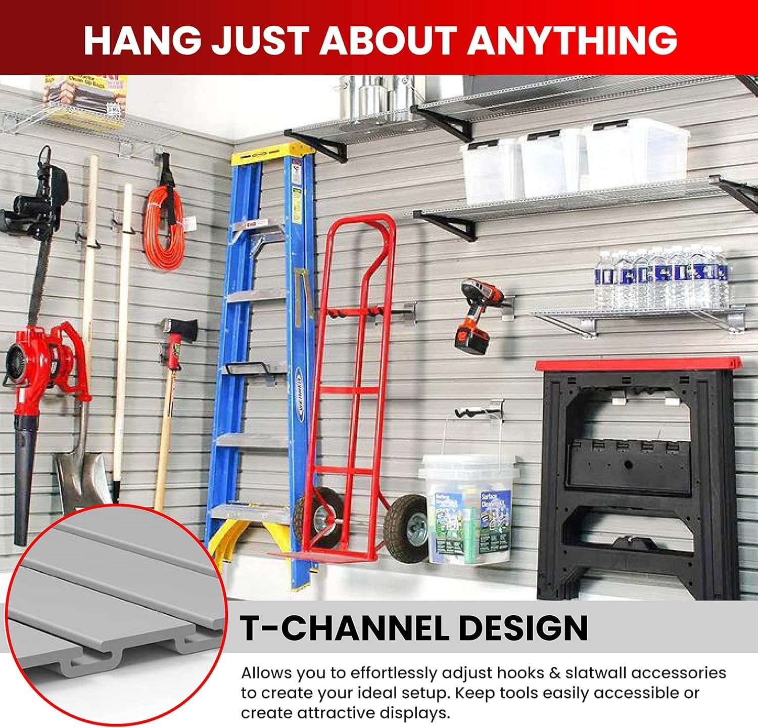 DLDIRECT 3 Colors - White Slatwall Panel Garage Organizer: Heavy Duty Wall Mounted PVC Rack, Interlocking Slat Paneling for Garage Storage, Slotwall Board, Shelves System