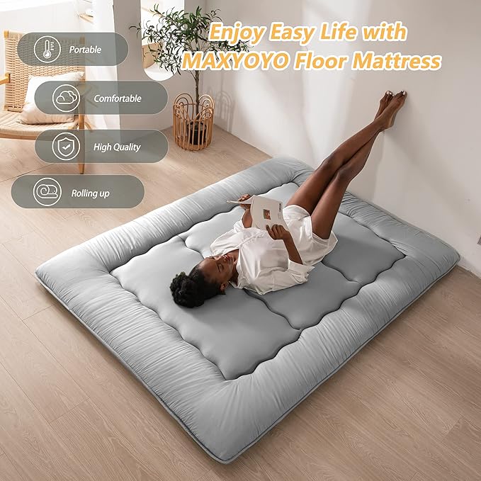 MAXYOYO Japanese Floor Mattress Futon Mattress, 4" Thicken Tatami Mat Sleeping Pad Foldable Roll Up Mat Boys Girls Dormitory Pad Kids Floor Lounger Pillow Bed, Charcoal Grey, Queen Size