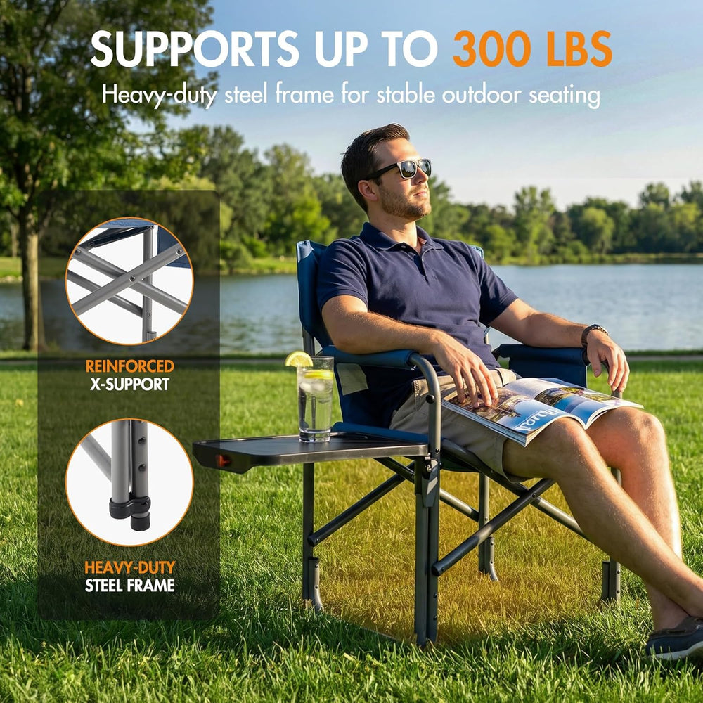 Portal Folding Director Chair with 2-Way Rotating Side Table, Heavy Duty 300 ...