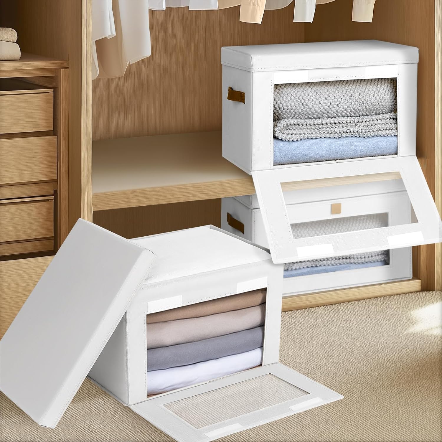 Large Clothing Storage Bins - Collapsible Boxes with Handles & Window, Decorative Organizer Bins with Lids, Fabric Containers for Living Room, Dorm, 4 Pack, White