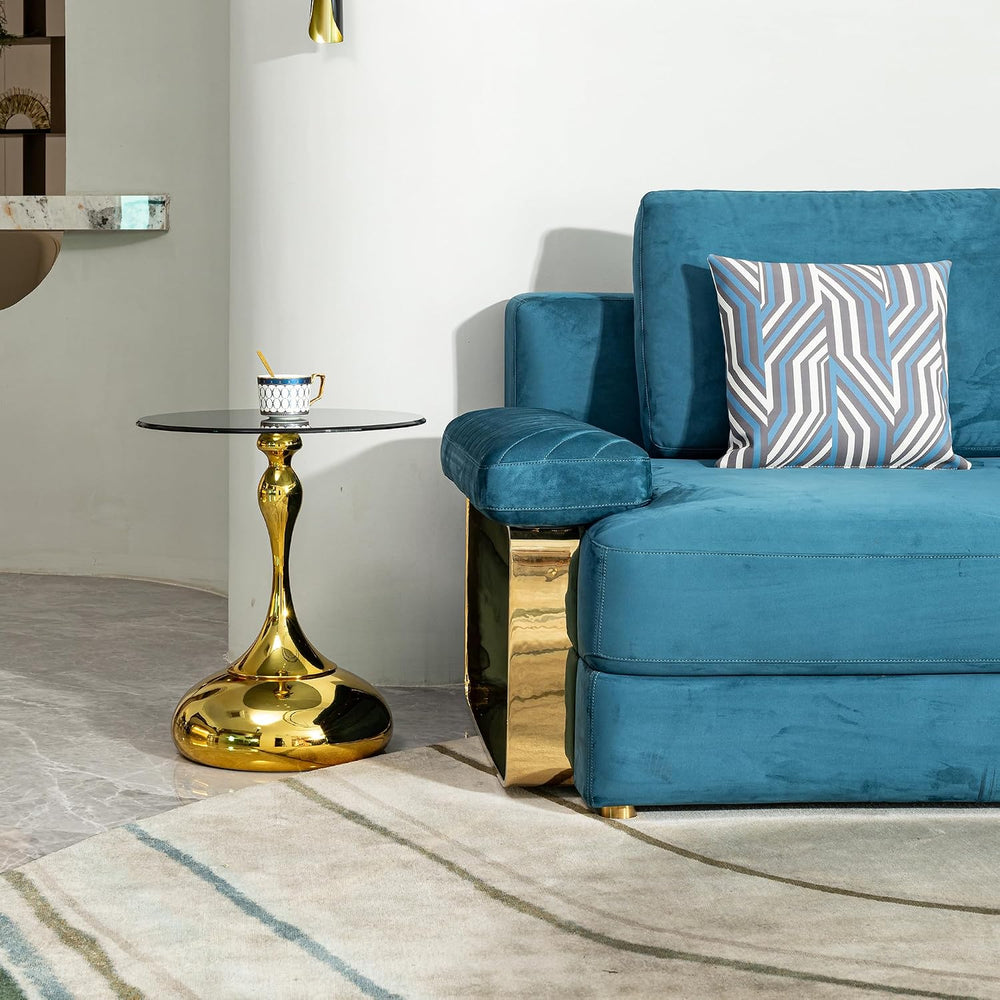 Luxury Round End Table Gold Metal Base 17.7inch Black Tempered Glass Top Mode...