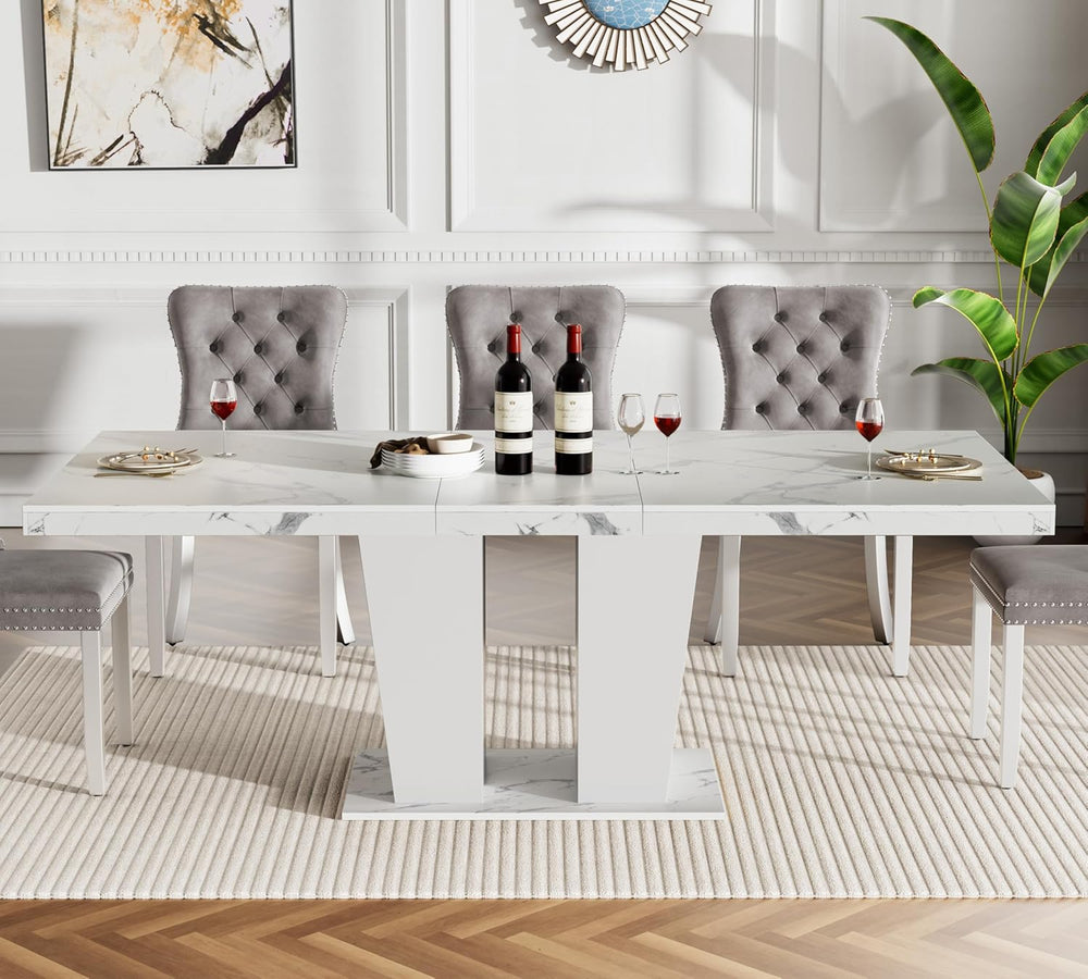 Extendable Dining Table Set of 6, White Rustic Kitchen Dining Table & 6 G...