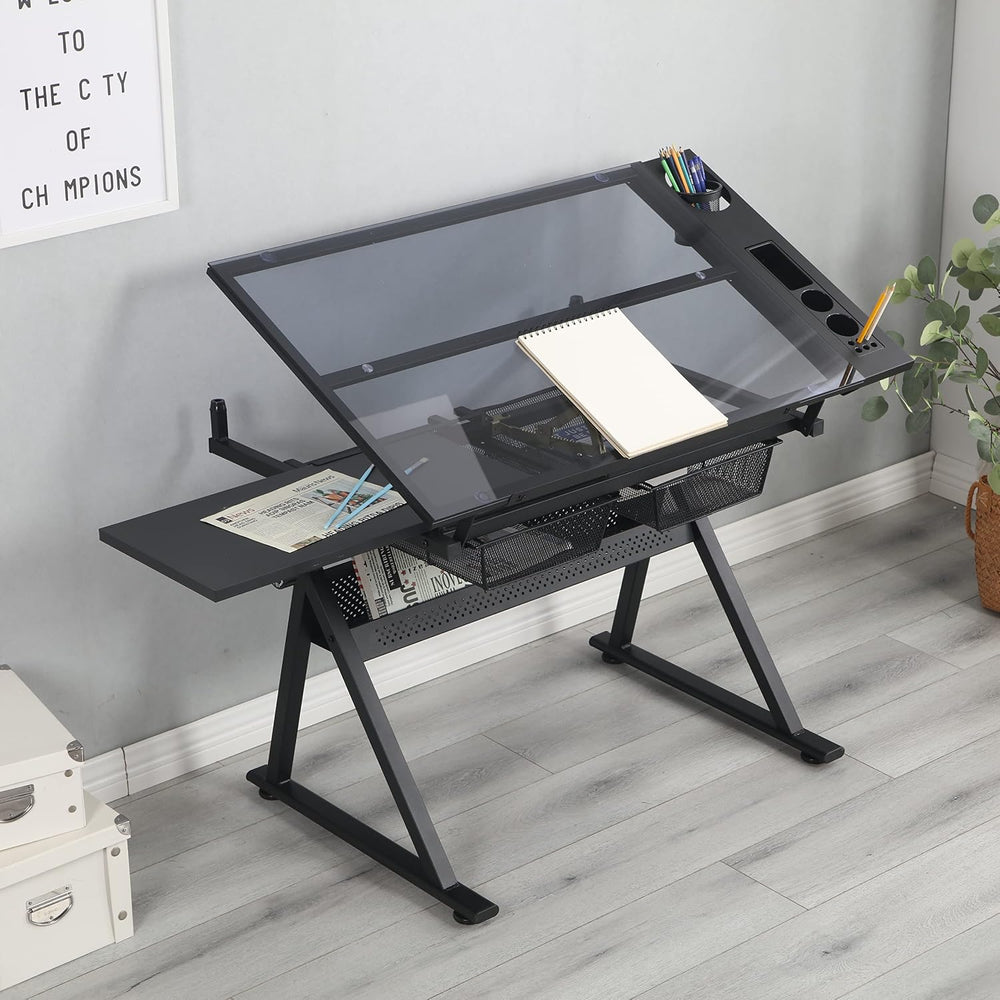 HomSof Adjustable Tempered Glass Drafting Printing Table with Chair,Black