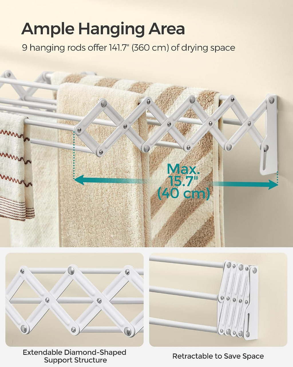 SONGMICS Clothes Drying Rack, Wall-Mounted Drying Rack Clothing, Small Accordion Laundry Rack, 9 Staggered Hanging Rods, Expandable and Retractable, Cloud White ULLR802W01