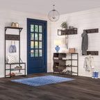 RiverRidge Afton Hall Tree, Black Metal Frame and Weathered Woodgrain | Entryway Organizer with Shoe Rack, Bench Seat, Coat Hooks, Top Display Storage Shelf