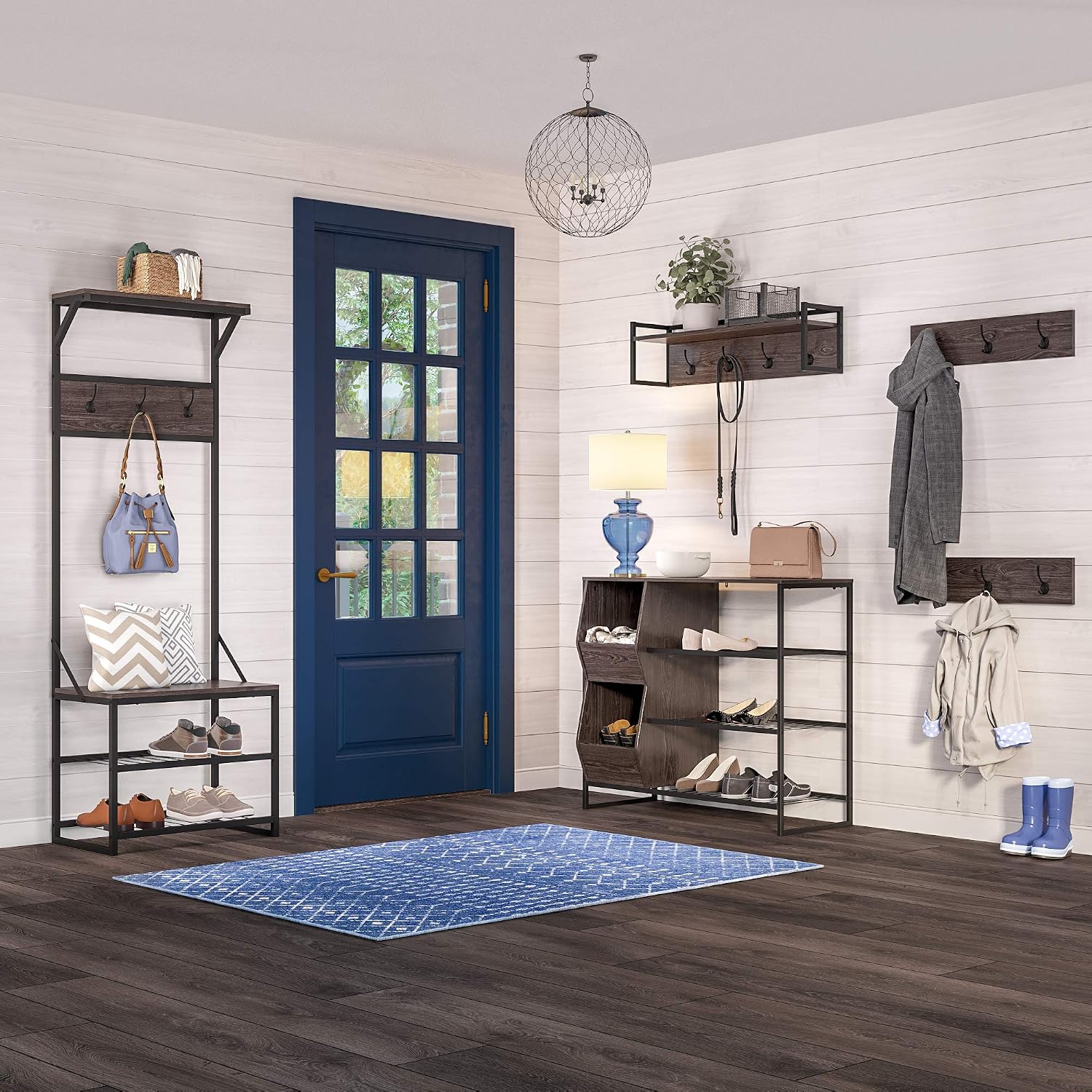 RiverRidge Afton Hall Tree, Black Metal Frame and Weathered Woodgrain | Entryway Organizer with Shoe Rack, Bench Seat, Coat Hooks, Top Display Storage Shelf