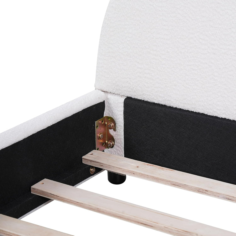 Queen Bed Frame, White Boucle Upholstered Curved Arch Headboard