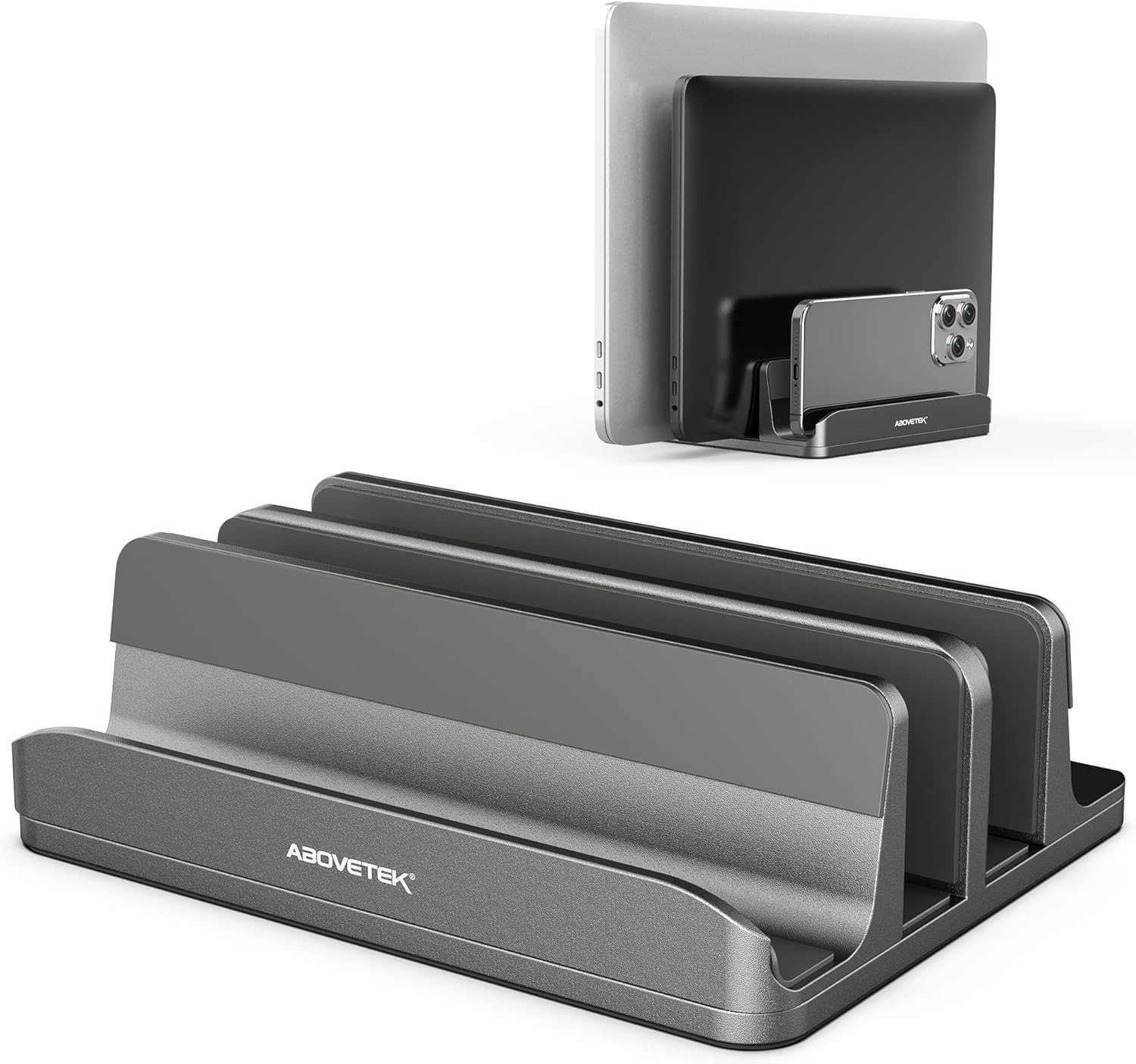 AboveTEK Vertical Laptop Stand, 3 Slots Aluminum Desk Laptop Holder & Laptop Docking Station Stand for MacBook, Tablet, Phone - Universal Fit (Up to 17.3") - Heavy Duty Polished, Anti Slide - Grey