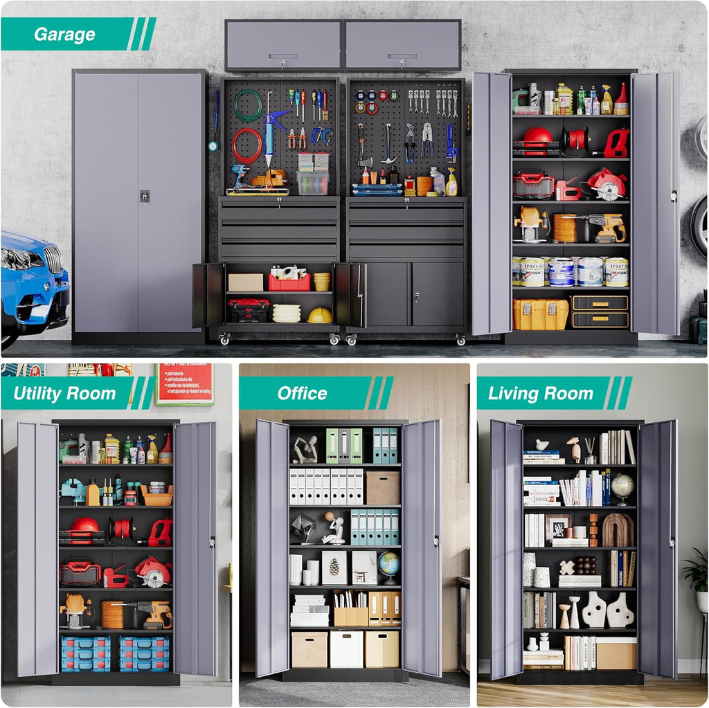 SISESOL Wide & Deep Metal Storage Cabinet with Lock & 5 Adjustable Shelves,72" Gray Garage Storage Cabinet with Locking Doors,Locking Metal Cabinets for Home,Office,Shop,Garage 72x36x18
