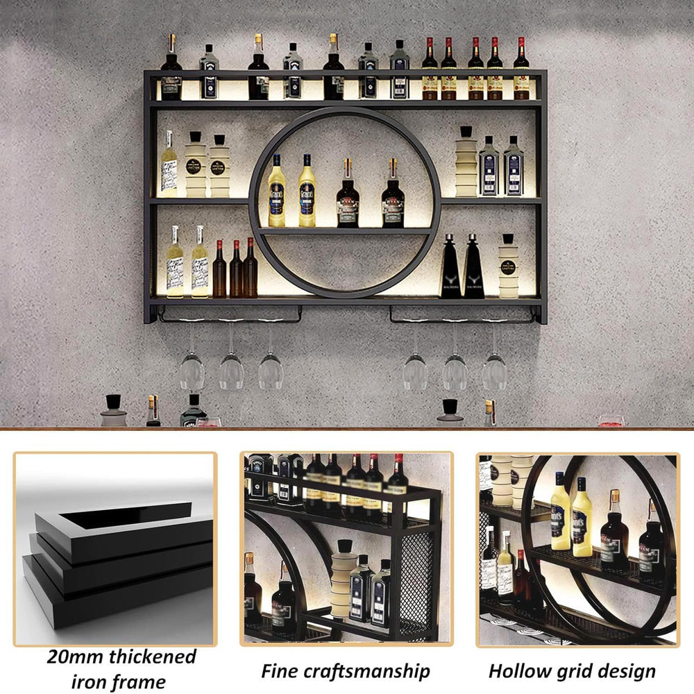 39 Inch Bar Shelves Wall Mounted Wine Rack with LED Light | 3 Tier Large Capa...