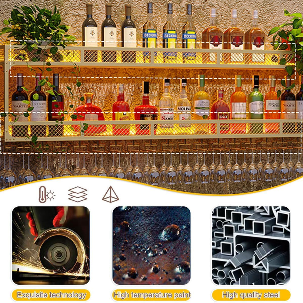 Wall Mounted Wine Bottle Rack with LED Light, Industrial Metal Liquor Shelf w...