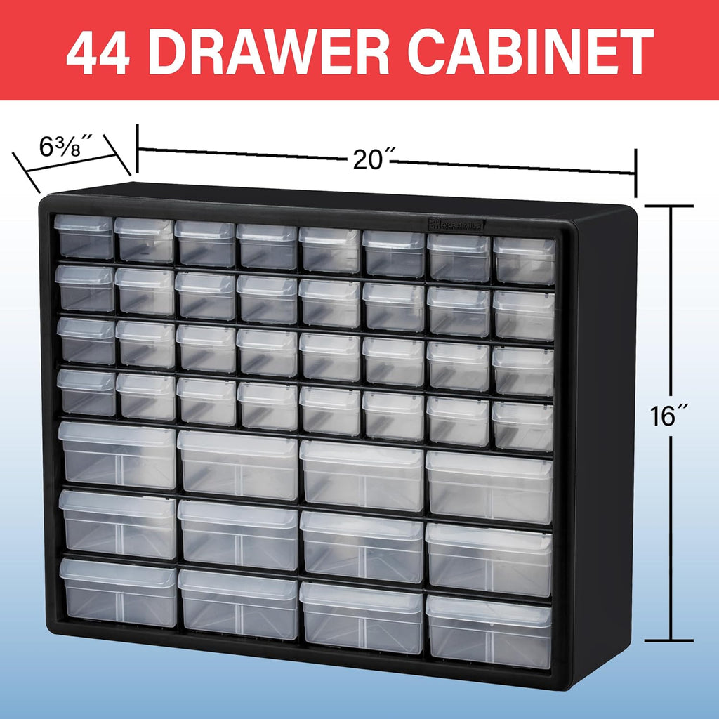 Akro-Mils 44-Drawer Plastic Drawer Storage Cabinet for Garage Organization, Bead Organizer, Building Bricks Storage, Teacher Toolbox, Makeup Organizer, 20" W x 6" D x 16" H, 10144 White