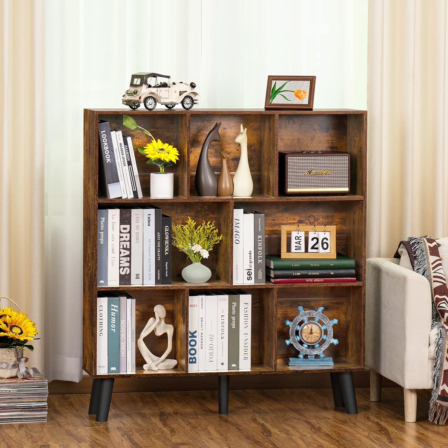 LEYAOYAO 8 Cube Bookshelf,3 Tier Bookcase with Legs,Rustic Brown Mid-Century Modern Bookshelves,Large Open Storage Organizer Shelf, Wooden Book Case