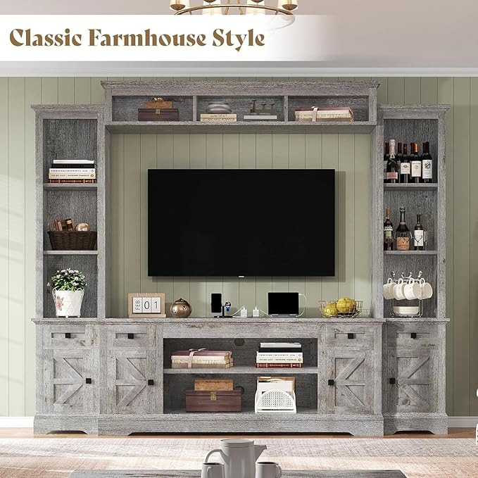 AMERLIFE 98" Farmhouse Wall Unit Entertainment Center with Bookshelves, Wine Cabinet, Fits 75" TVs, Large TV Stand with Power Outlets & Barn Door, Rustic Media Console for Living Room, Gray