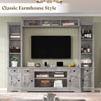 AMERLIFE 98" Farmhouse Wall Unit Entertainment Center with Bookshelves, Wine Cabinet, Fits 75" TVs, Large TV Stand with Power Outlets & Barn Door, Rustic Media Console for Living Room, Gray