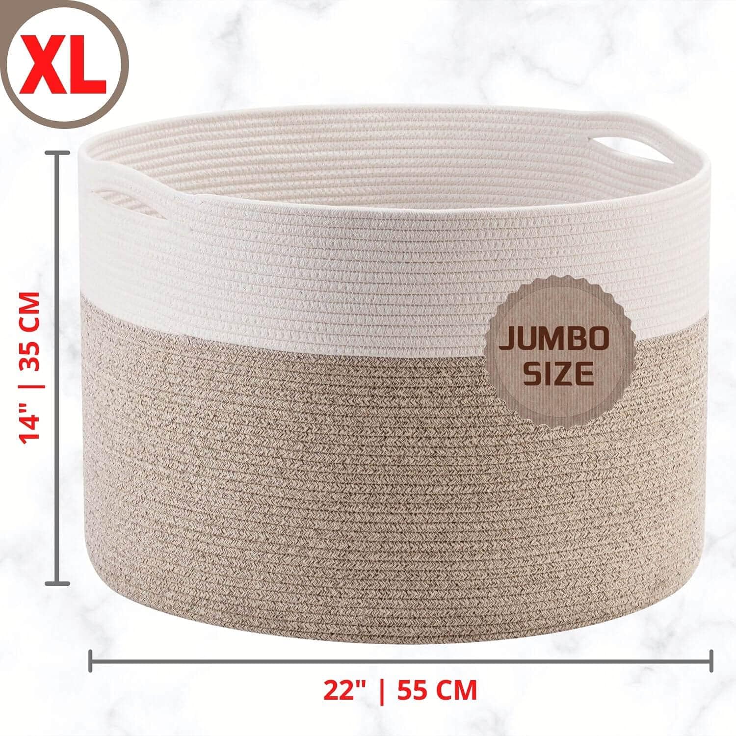 MINTWOOD Design Extra Large 22 x14 Inches Decorative Woven Cotton Rope Blanket Storage Basket Bin Living Room and Laundry Hamper for Pillows, Pool Towels, Dog Toys, Shoes, Light Brown