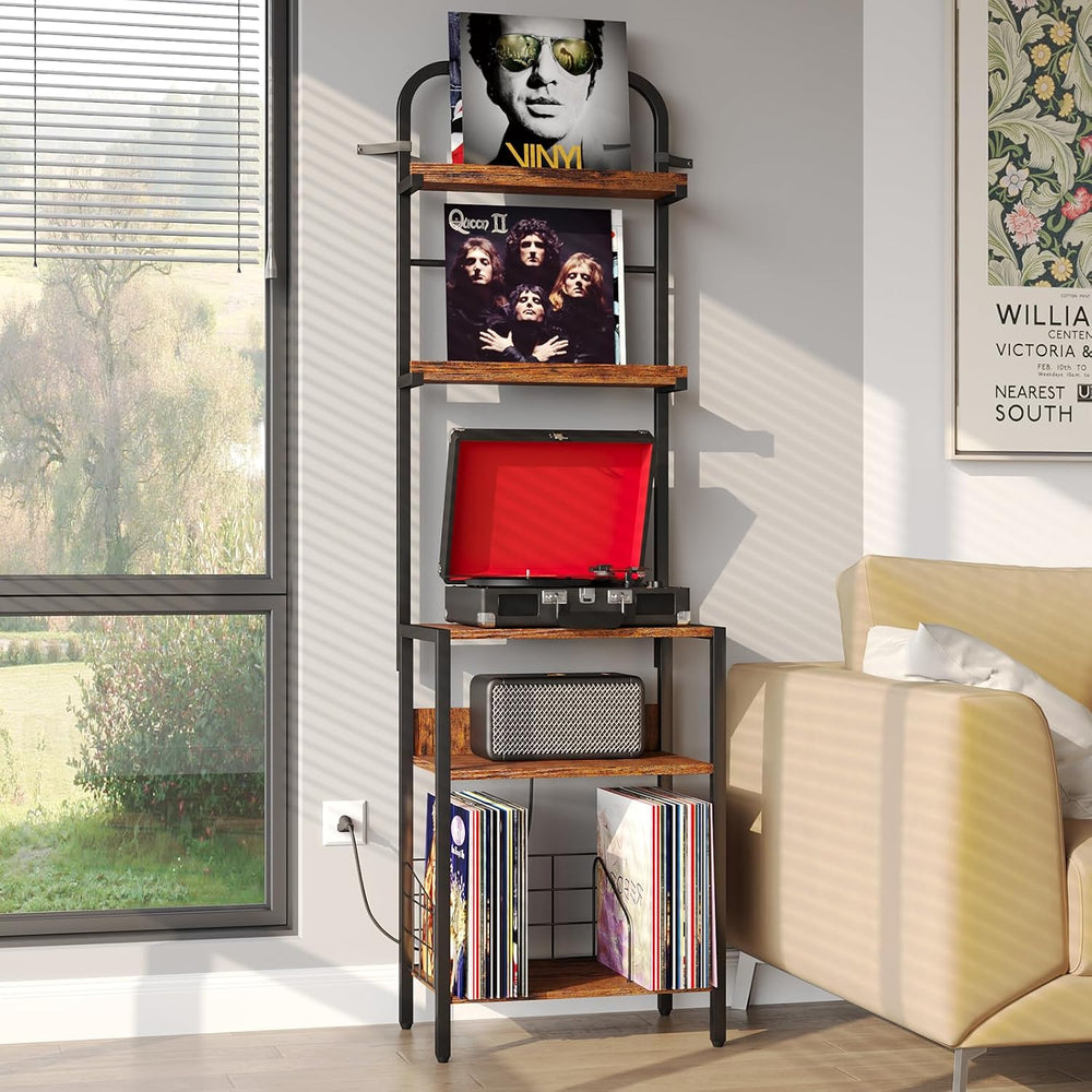 Record Player Stand with Power Outlet, Turntable Stand with 2-Tier Vinyl Reco...