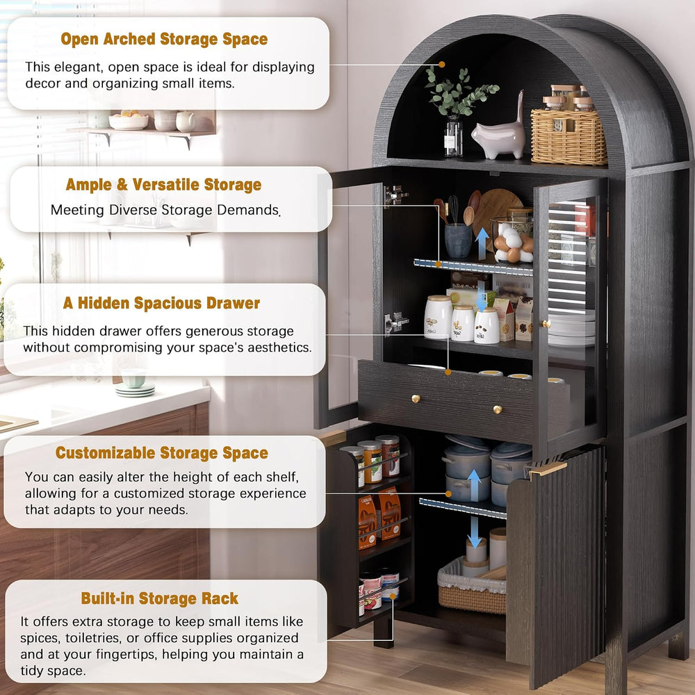 71" Fluted Arched Glass Door Cabinet, Tall Display Cabinet with Adjustab...