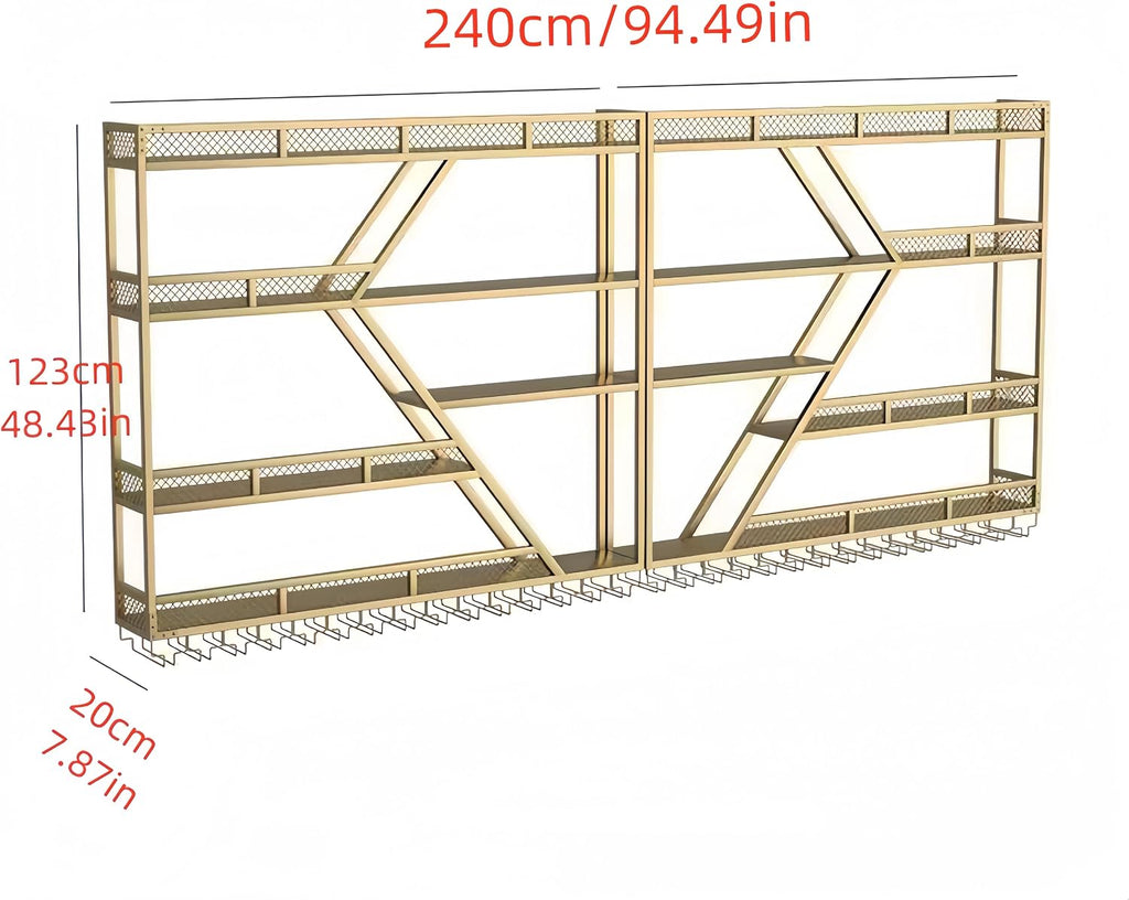 94in 4 Tier Modern Wall Mounted Wine Rack w/LED Light, Metal Wall Bar Shelves Wall Mounted w/Glass Holder, Large Liquor Shelf for Liquor Bottles for Home Bar & Dining Room(Gold-Yellow Led)