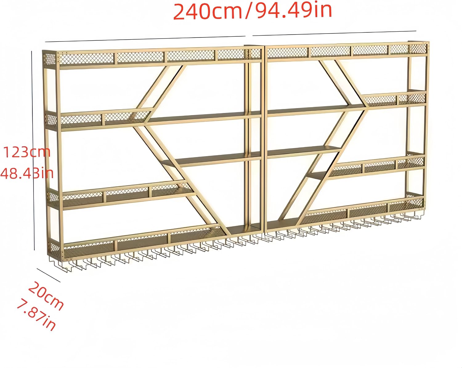 94in 4 Tier Modern Wall Mounted Wine Rack w/LED Light, Metal Wall Bar Shelves Wall Mounted w/Glass Holder, Large Liquor Shelf for Liquor Bottles for Home Bar & Dining Room(Gold-Yellow Led)