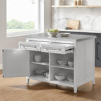 Crosley Furniture Silvia Stainless Steel Top Kitchen Island, Microwave Stand, Coffee Bar, with Shelves, White