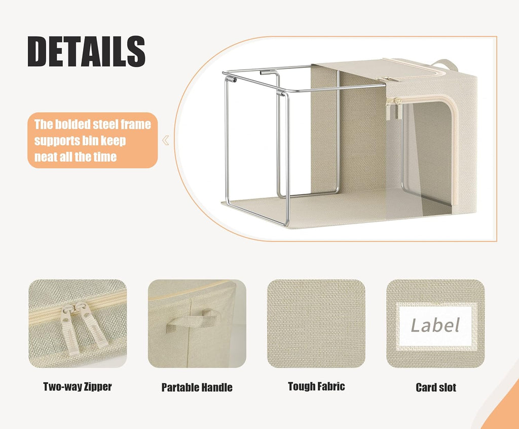 3 Opeings Large Clothes Storage Bins with Metal Frame, Foldable Storage Bin for Clothes, Clothing Storage Bins with Lid, Linen Storage Box With Clear Window＆ Zippers＆ Durable Handles.(3 Pcs,Beige,66L)
