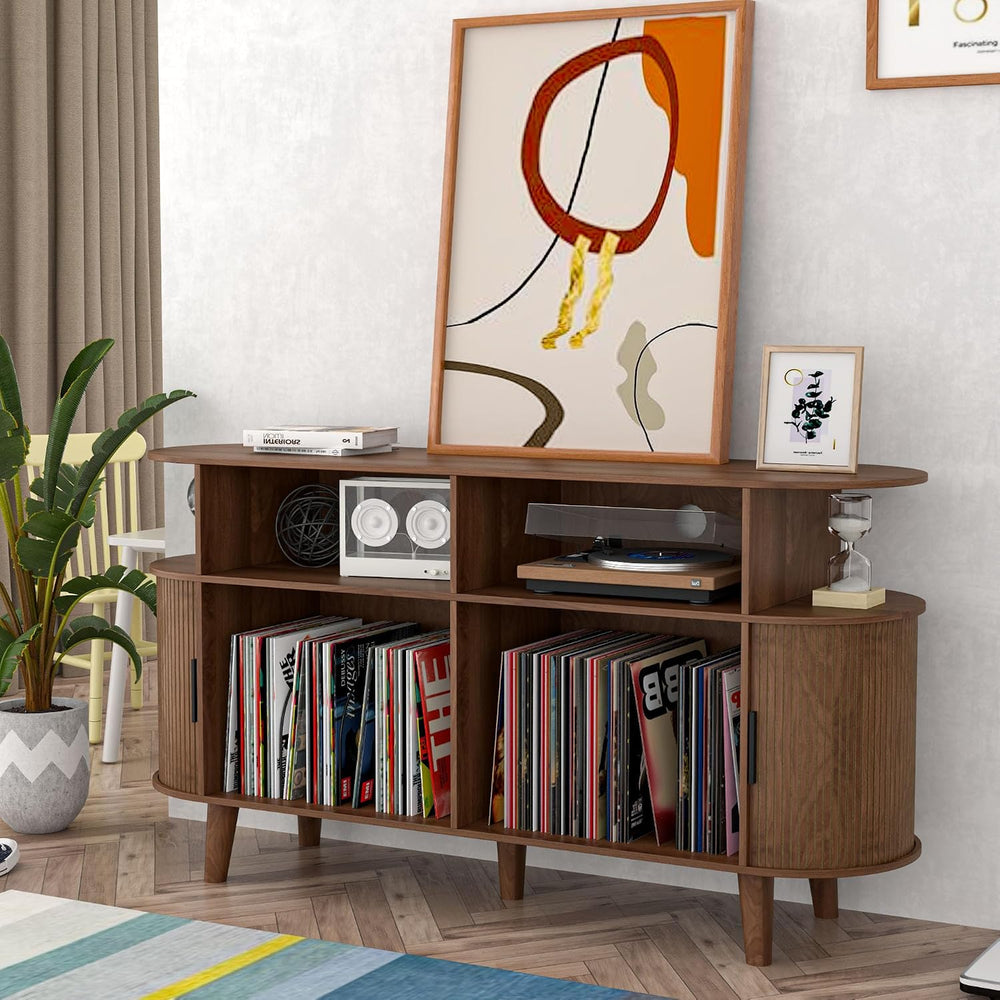 Large Walnut Record Player Stand with Charging Station, Mid-Century Turntable...