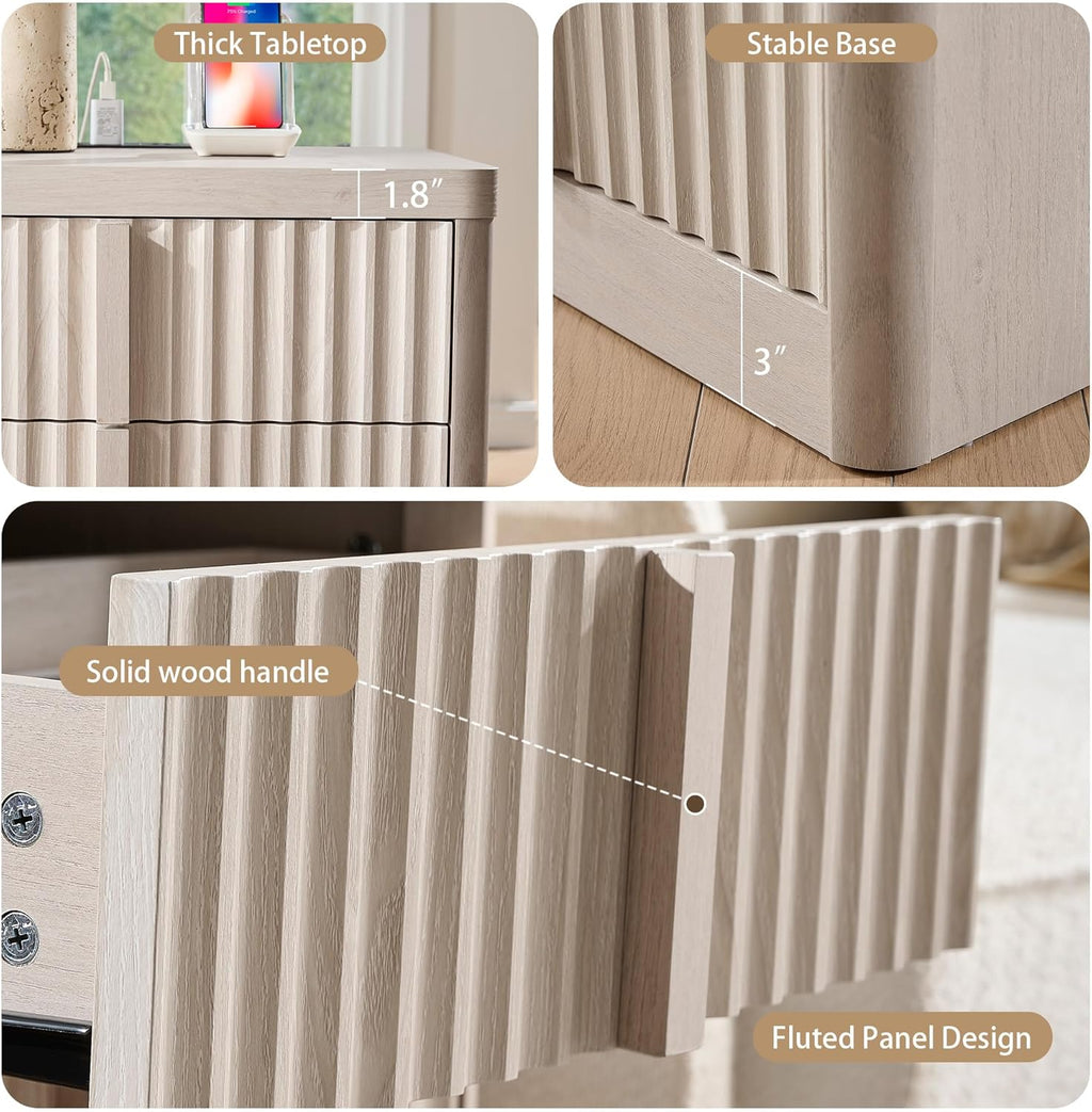 23.6" Nightstand Set of 2 with Charging Station, Side Table with 3 Large Storage Drawers, Mid Century Modern Night Stand with Solid Wood Handle, Bedside End Table for Bedroom, Living Room