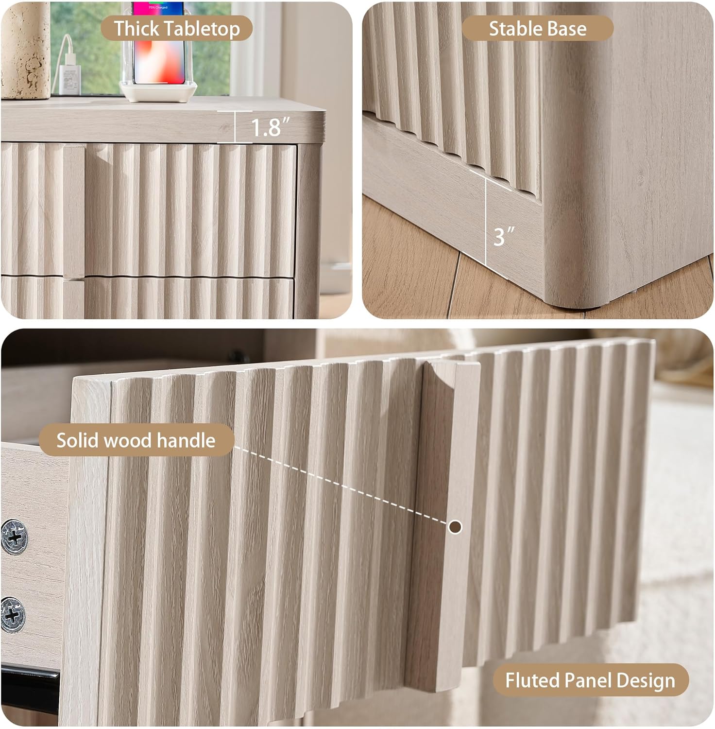 23.6" Nightstand Set of 2 with Charging Station, Side Table with 3 Large Storage Drawers, Mid Century Modern Night Stand with Solid Wood Handle, Bedside End Table for Bedroom, Living Room