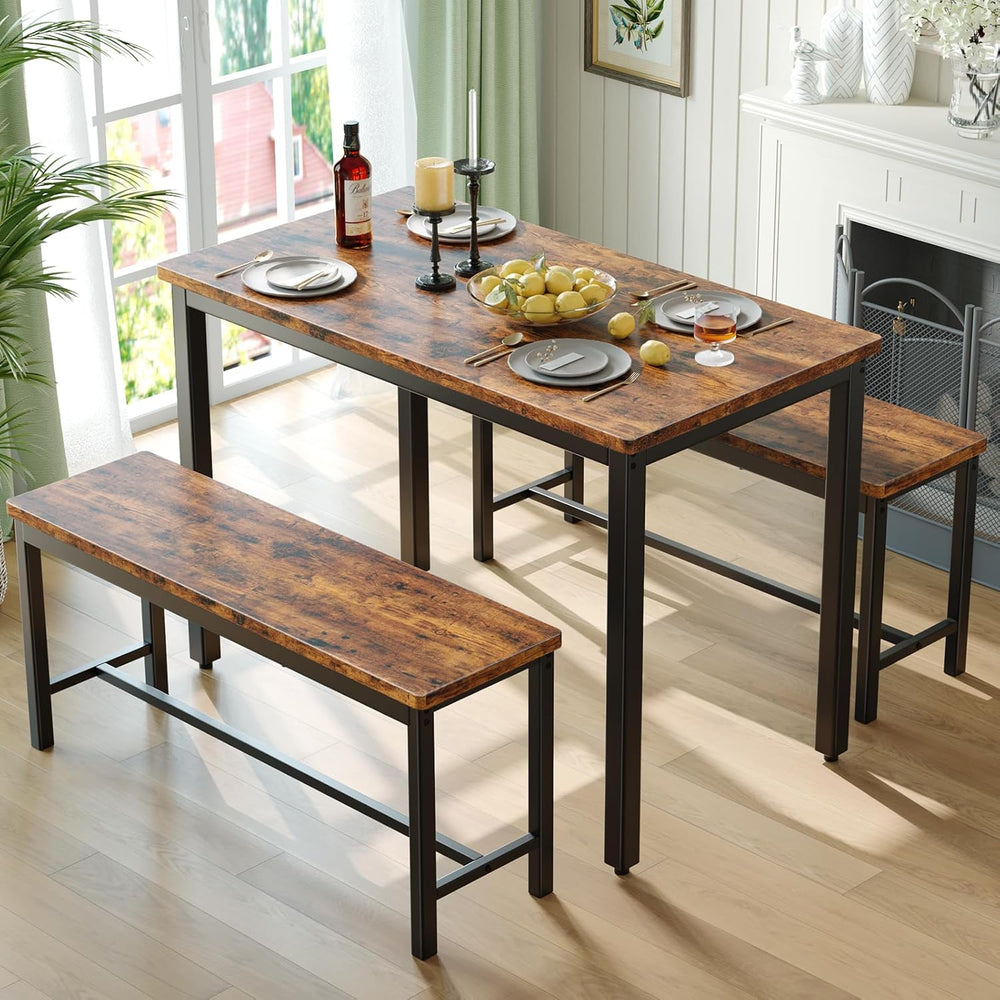 Tatub Dining Table Set for 4, 3-Piece Kitchen Table with 2 Benches, Space-Sav...