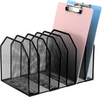 Metal Mesh File Organizer, Adjustable 7 Section Vertical Desk File Holder, Black Office Heavy-Duty Document Sorter for Books Binders, Laptops