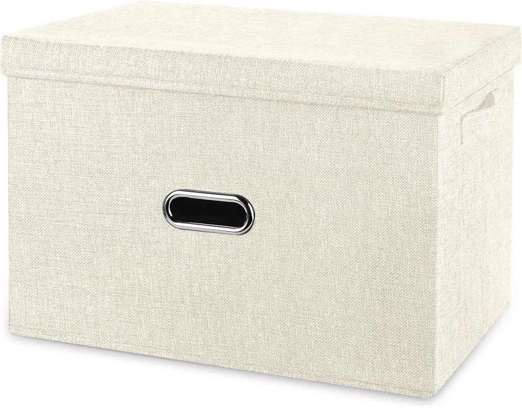 Large Linen Fabric Foldable Storage Bins with Removable Lid and Handles, Washable Storage Box Organizer Containers Baskets Cube with Cover for Bedroom,Office(Cream, Medium)