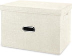 Large Linen Fabric Foldable Storage Bins with Removable Lid and Handles, Washable Storage Box Organizer Containers Baskets Cube with Cover for Bedroom,Office(Cream, Large)