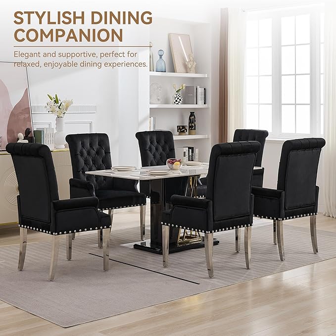 Velvet Dining Chair with Arms, Upholstered Tufted High Back Dining Room Chairs, Accent Armchair with Chrome Leg and Nailhead Trim, Kitchen Dining Living Room, Black