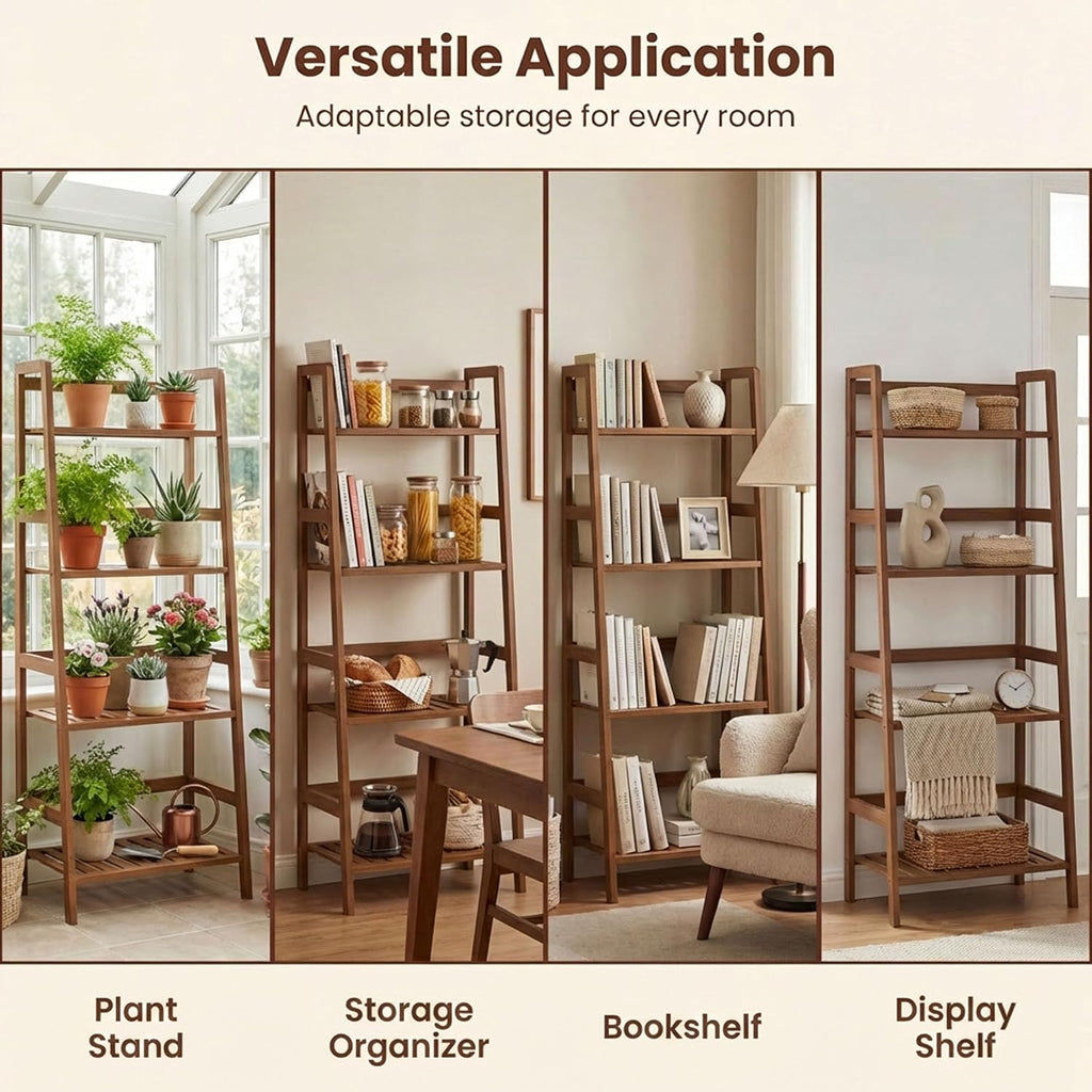 COSTWAY 4-Tier Ladder Shelf, Bamboo Plant Stand Rack, Freestanding Bookshelf, Multifunctional Storage Shelves, Flower Stand Rack Holder for Garden, Balcony, Living Room, Bedroom (Brown)