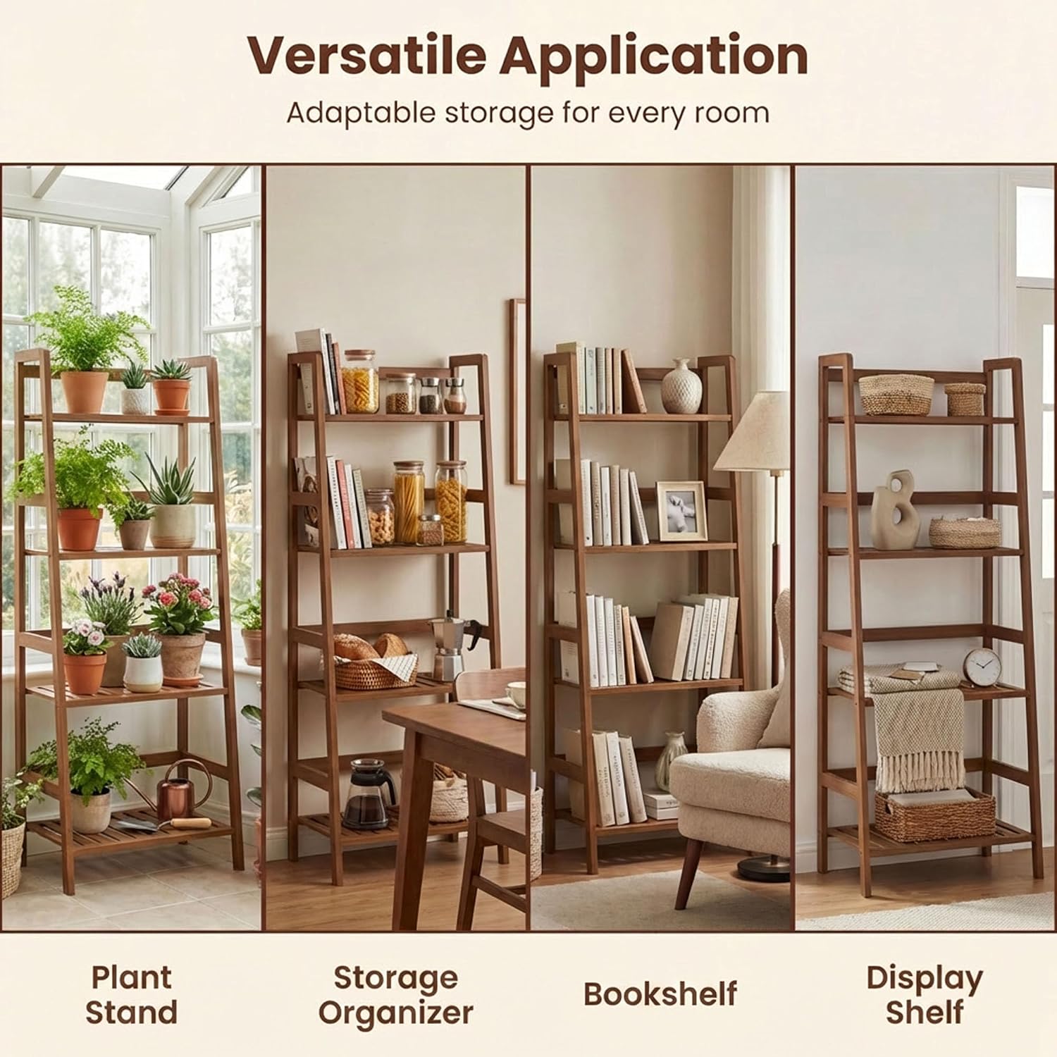 COSTWAY 4-Tier Ladder Shelf, Bamboo Plant Stand Rack, Freestanding Bookshelf, Multifunctional Storage Shelves, Flower Stand Rack Holder for Garden, Balcony, Living Room, Bedroom (Brown)