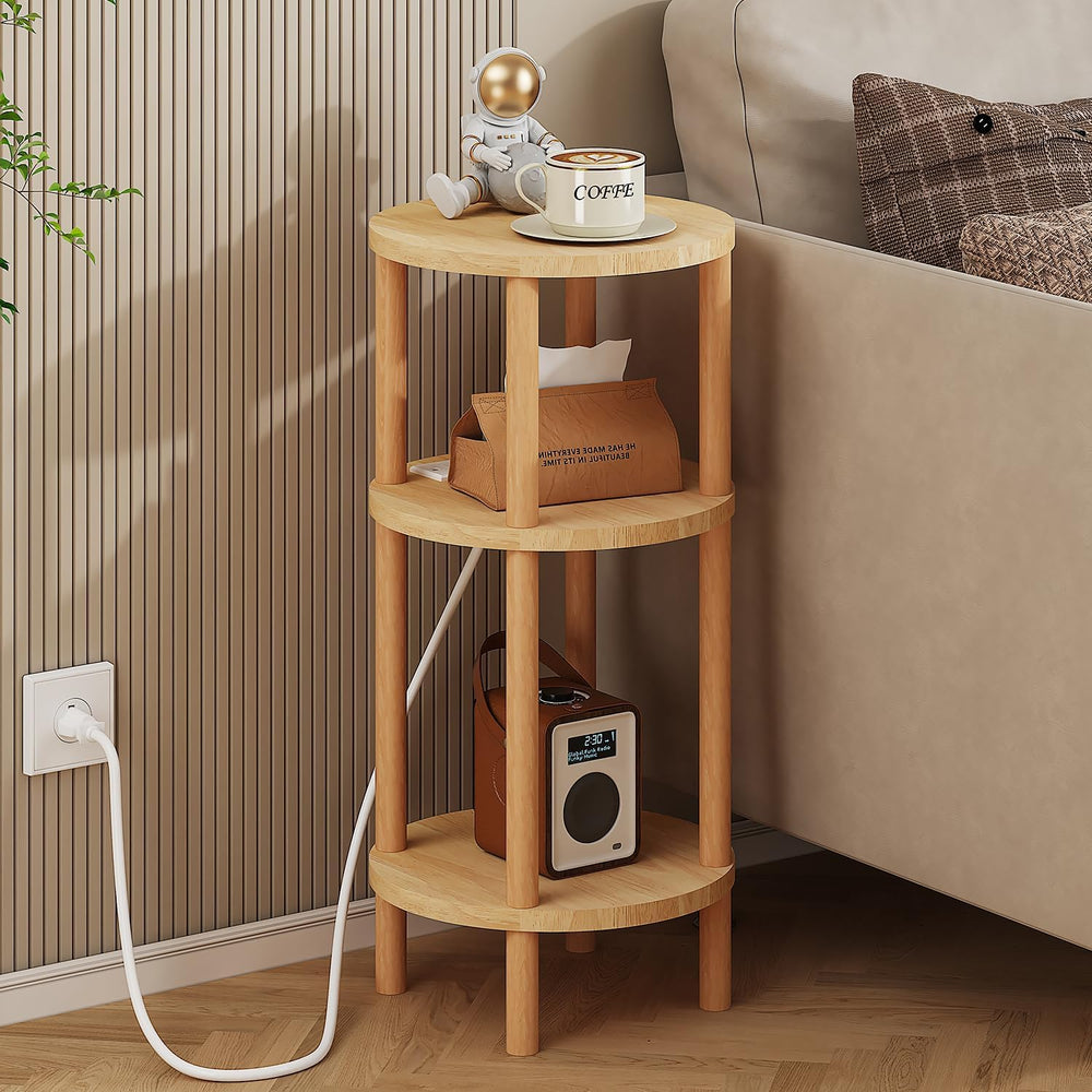 LUCKNOCK Small Round Side Table with Charging Station, 3-Tier Solid Wood End ...